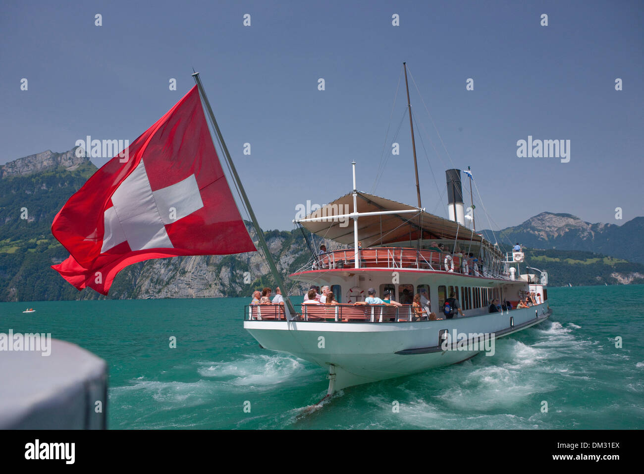 Switzerland, Europe, lake Lucerne, central Switzerland, canton, UR, Uri, steamboat, Swiss, flag, lake, Swiss flag, Stock Photo