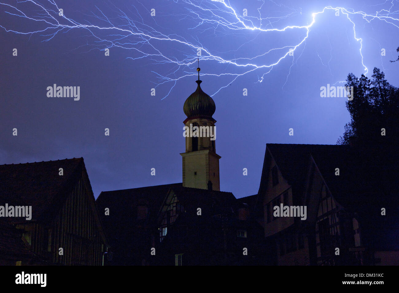 Switzerland, Europe, summer, weather, clouds, cloud, canton, SG, St. Gallen, St. Gall, church, thunderstorm, flash, Rheineck, Stock Photo
