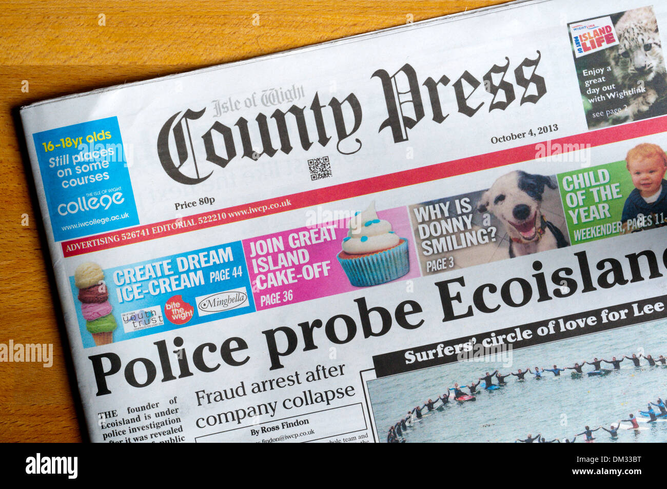 The front page of the Isle of Wight County Press local newspaper. Stock Photo