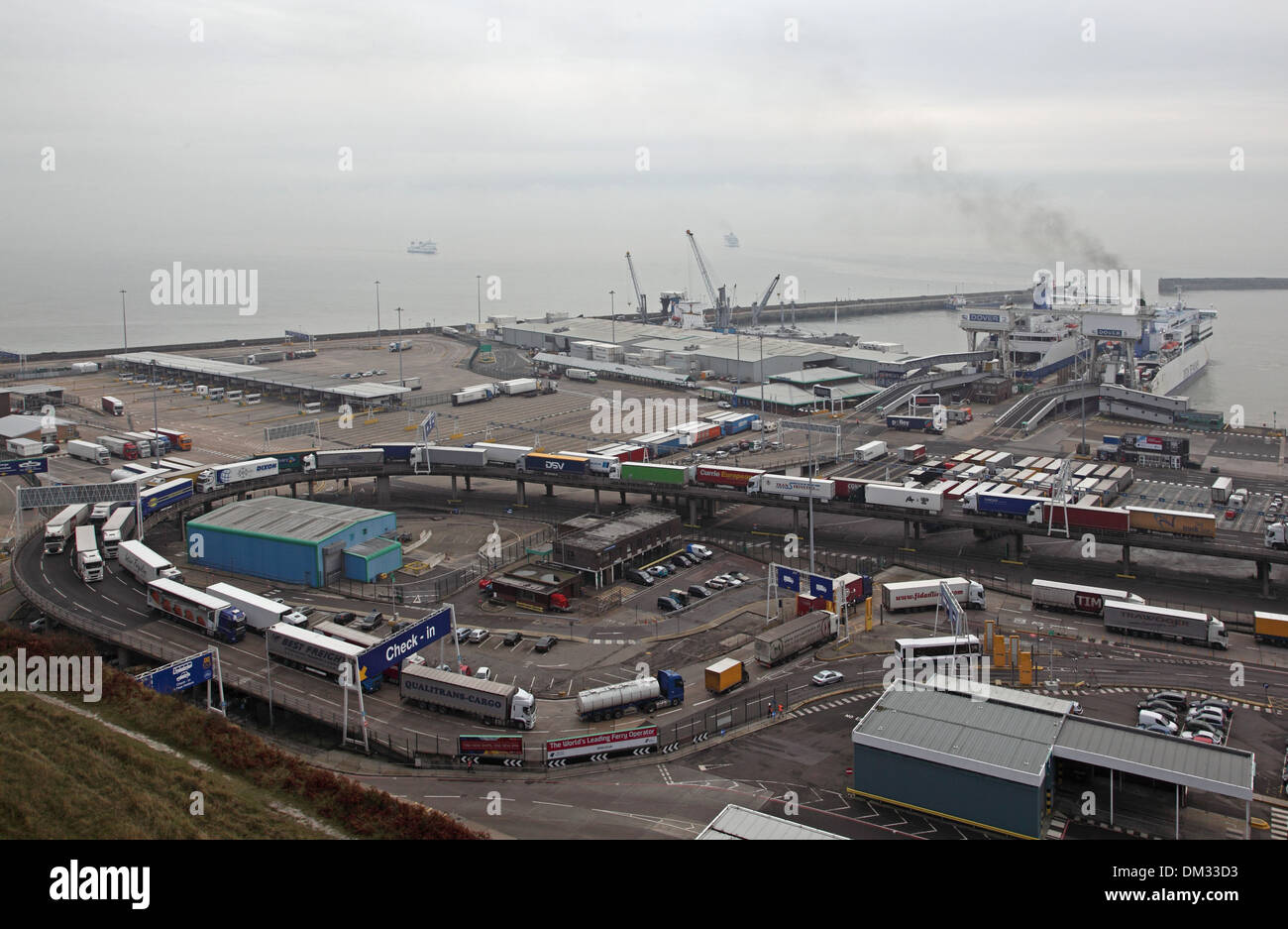 Lorries queue while arriving in the UK from France on cross-channel ferries at the port of Dover, Kent, UK. Stock Photo