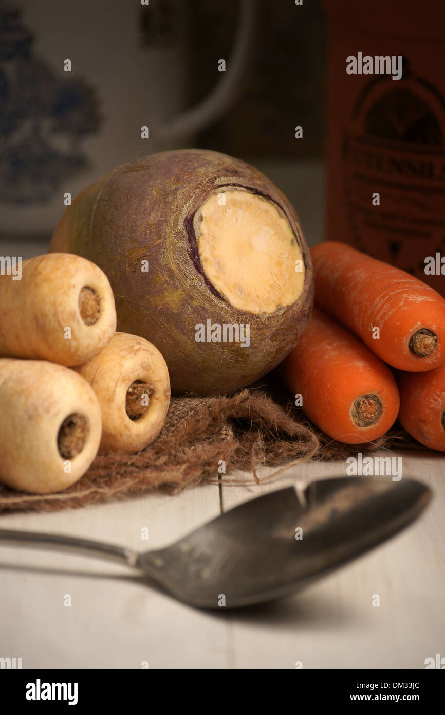 Seasonal winter vegetables Parsnips Swede and Carrots Stock Photo
