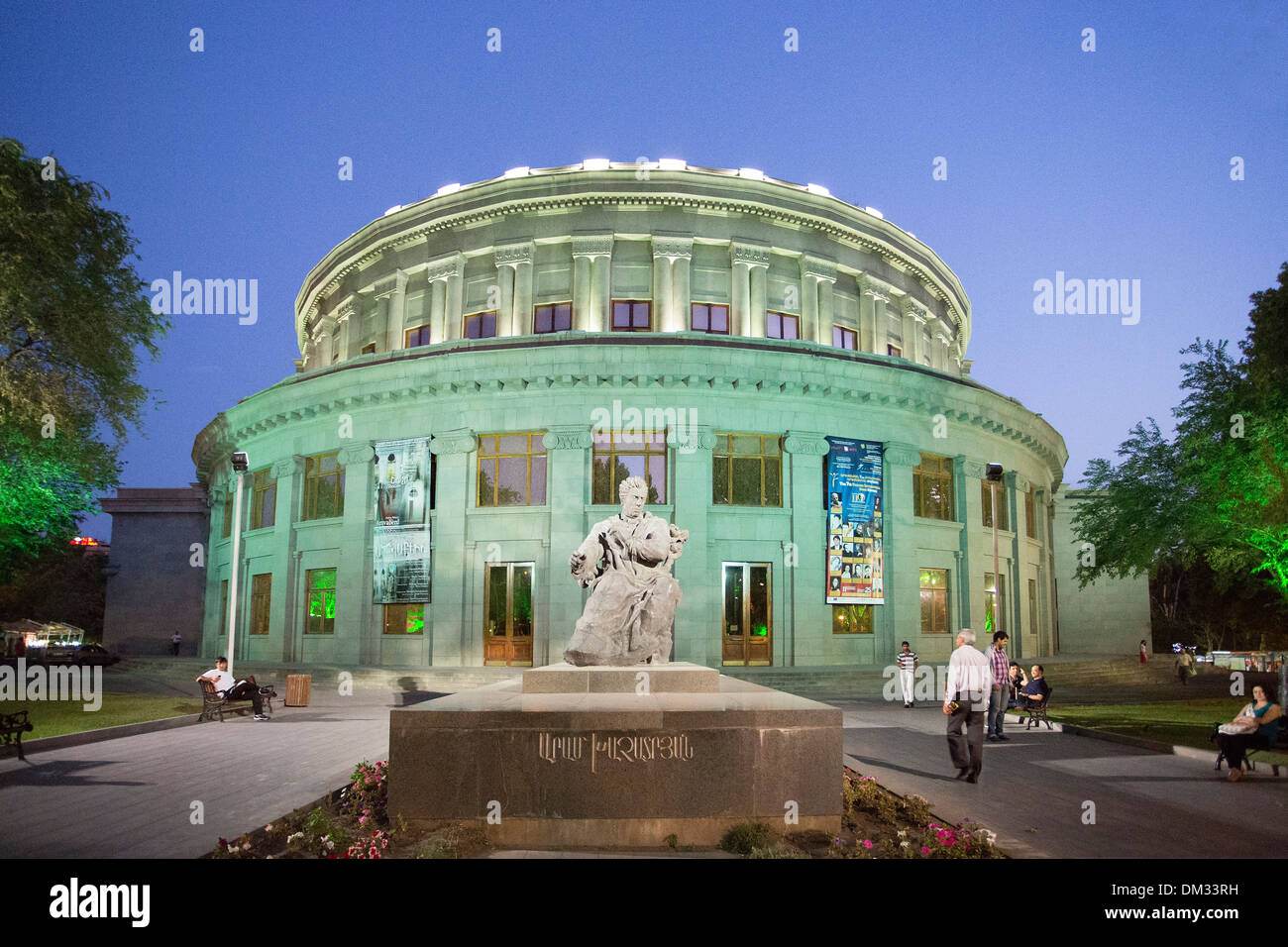 Armenia, South Caucasus, Caucasus, Eurasia, Yerevan, building, city, downtown, opera, round, statue, night, terrace Stock Photo