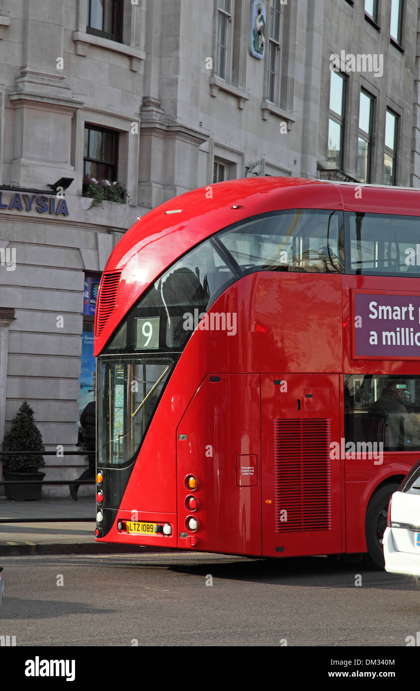 A new Routemaster bus drives through Trafalgar Square in London, UK Stock Photo