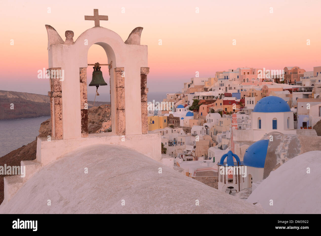 Europe Aegean Cyclades Greece Santorini Thira Island Greek oia panorama church caldera volcanic crater town sea ocean travel Stock Photo