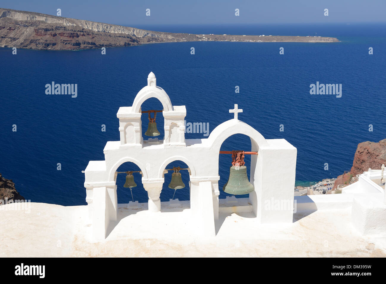 Europe, Aegean, Cyclades, Greece, Santorini, Thira, Island, Greek, Oia, church, bells, landmark Stock Photo
