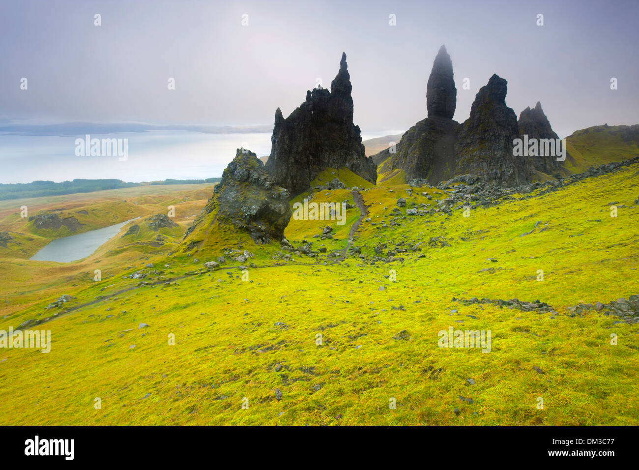 Old Man of Storr Old Man Storr Great Britain Europe Scotland island isle Skye meadow rock cliff erosion fog sea coast Stock Photo