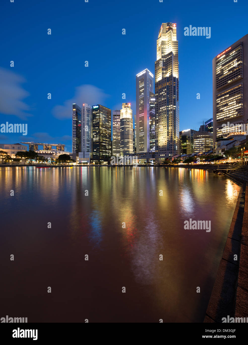 the Central Business District at night from Boat Quay, Singapore Stock Photo