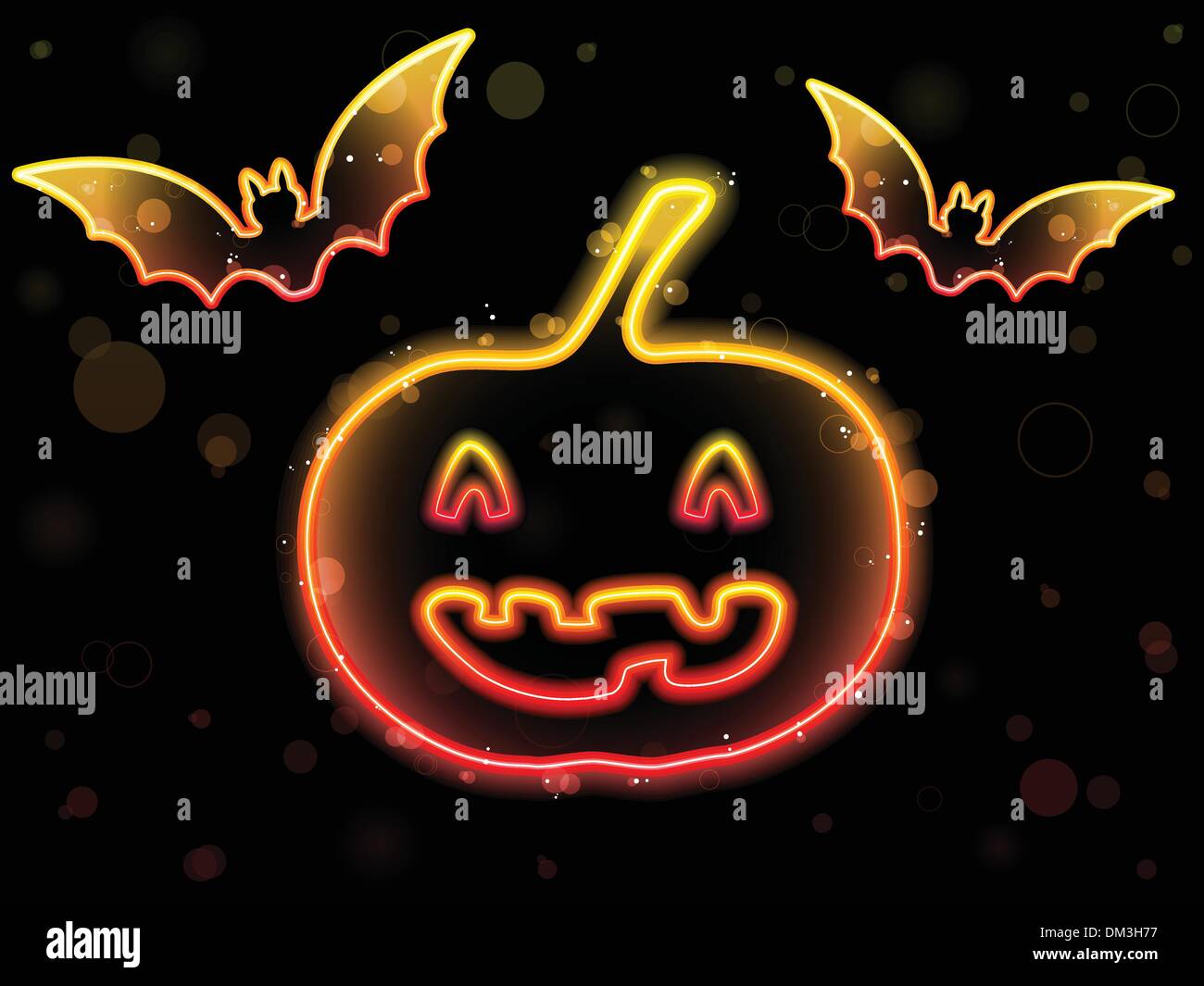 Halloween Neon Background with Pumpkin and Bats Stock Vector