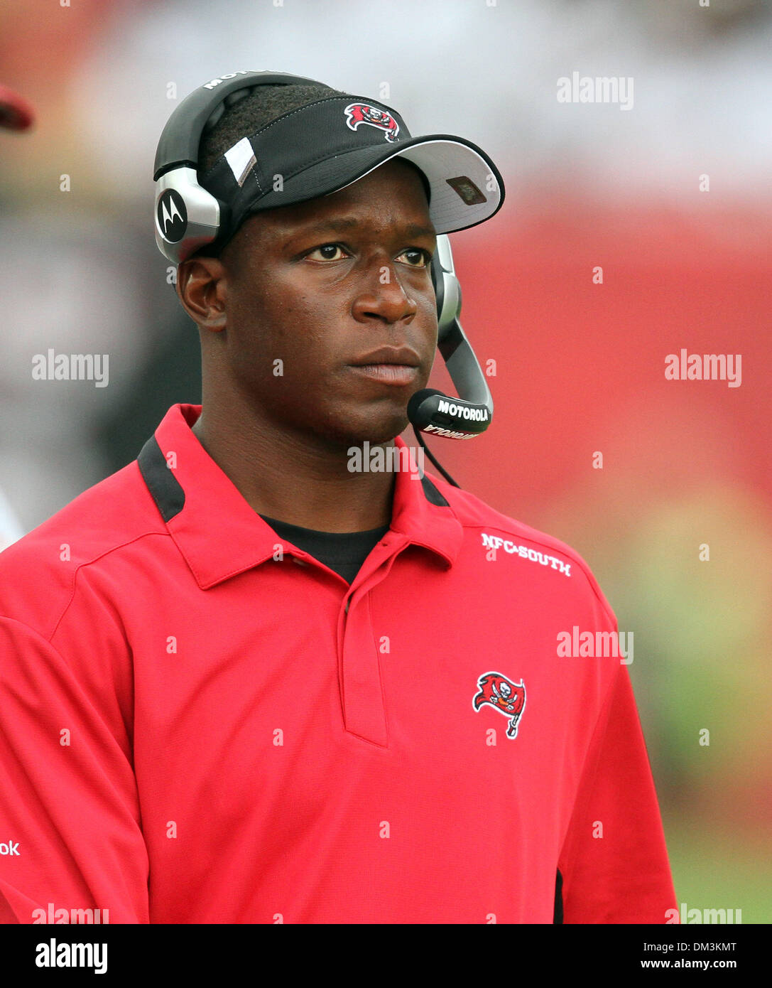 Tampa Bay Buccaneers head coach Raheem Morris during the NFL football game  between the New Orleans Saints and Tampa Bay Buccaneers at Raymond James  Stadium in Tampa Bay, Florida. The Saints defeated