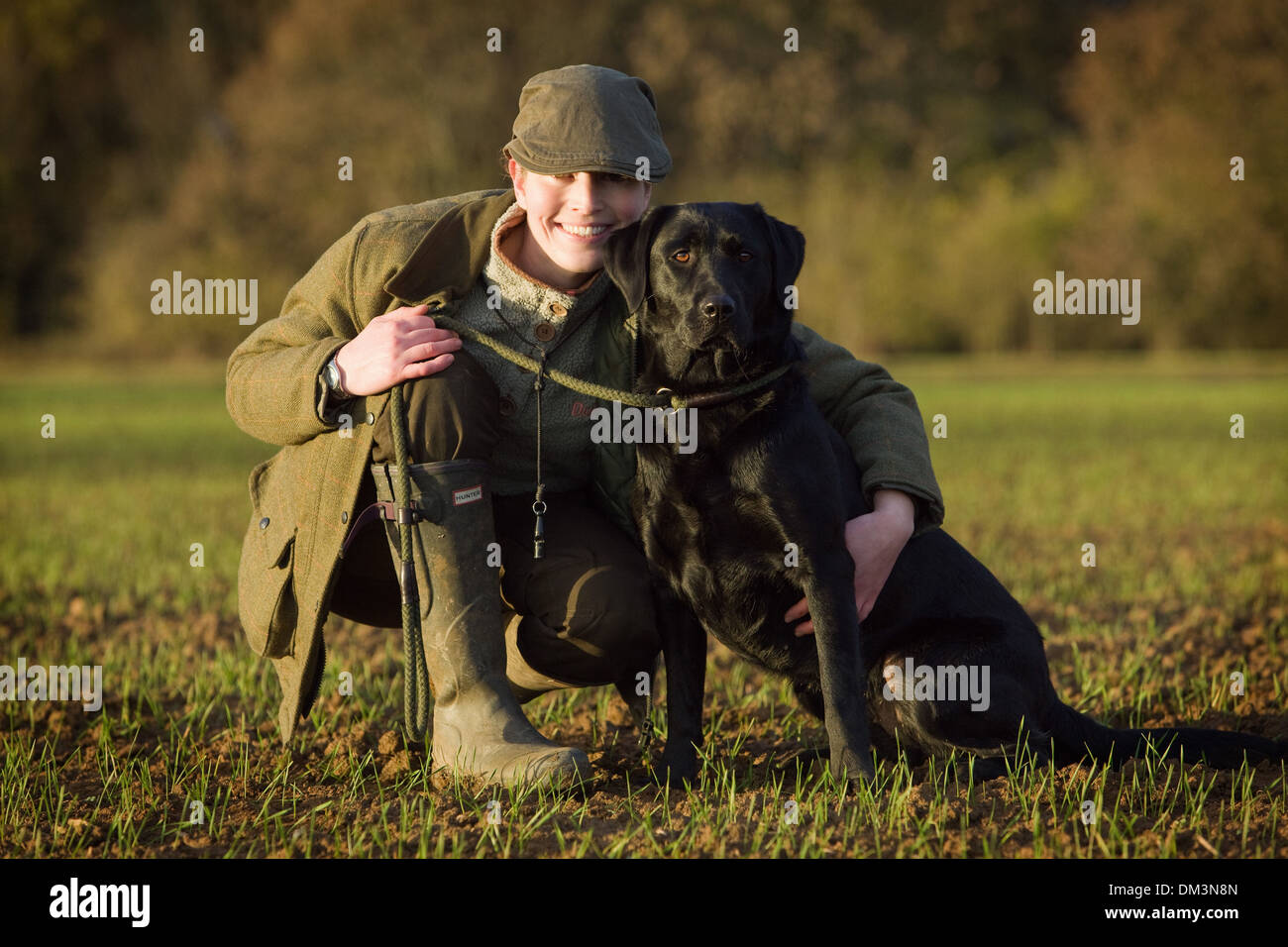 A Black Labrador Retriever with its owner on a pheasant shoot in England Stock Photo