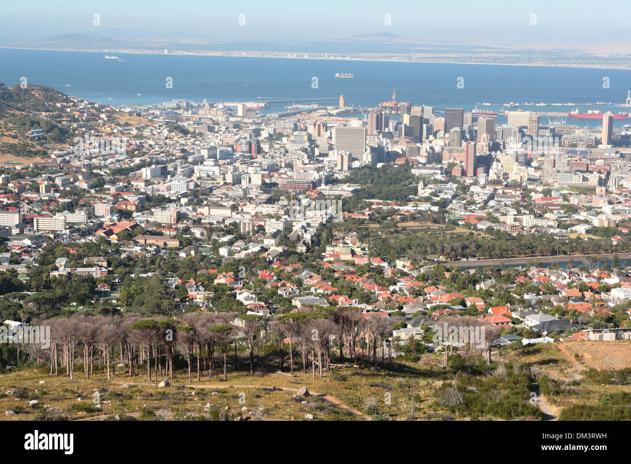 Aerial view of Cape Town central business district with Table Bay in the background, viewed from the slopes of Table Mountain Stock Photo