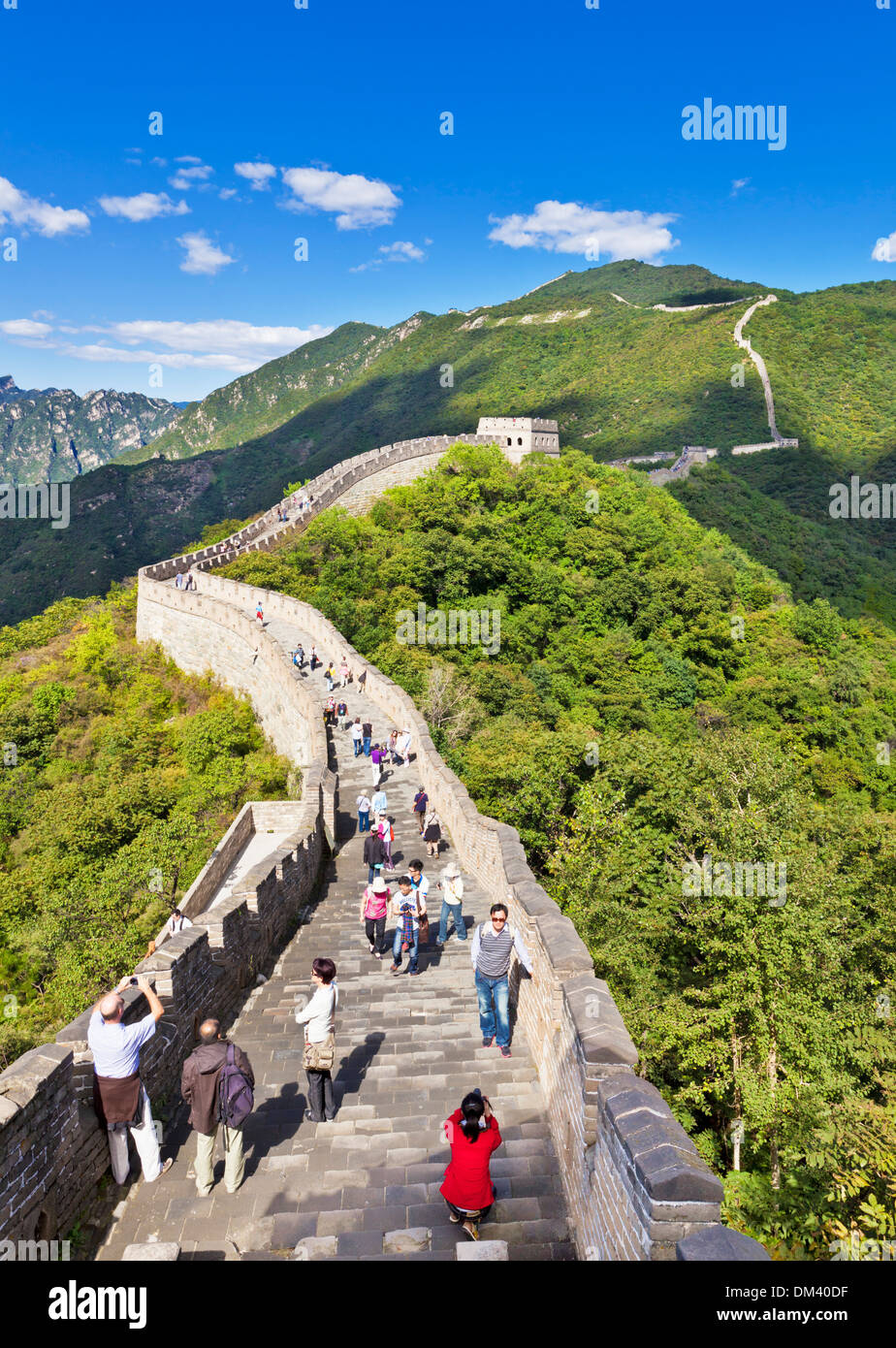 Tourists visiting the Great Wall of China, UNESCO World Heritage Site, Mutianyu, Beijing District, China, Asia Stock Photo