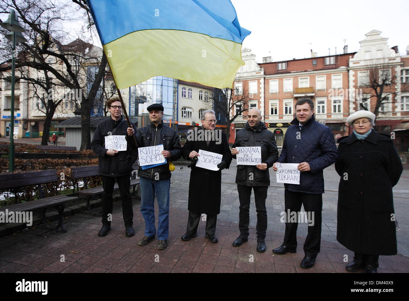 Sopot, Poland. 11th December 2013. Sopot's citizens supports Ukrainian Euromaidan protesters organising picket in city center. Mayor of Sopot Jacek Karnowski (blue jacket) takes part in the picket. Credit:  Michal Fludra/Alamy Live News Stock Photo