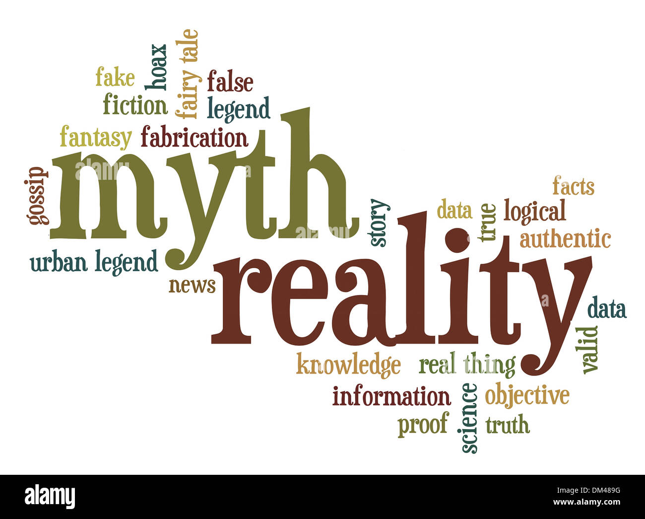 cloud of words or tags related to myth and reality, fiction and facts Stock Photo