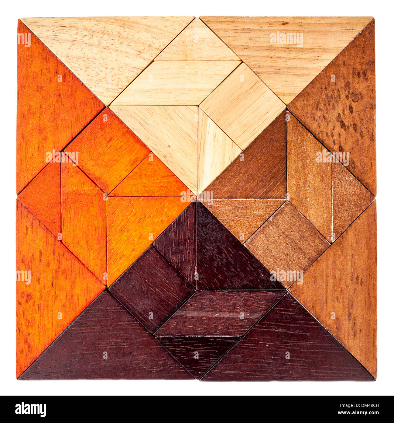 square shape created from 4 sets of wood tangram, a traditional Chinese puzzle game Stock Photo