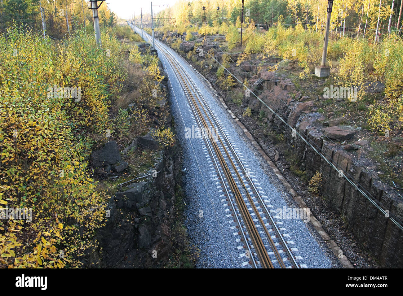 Railroad in rock tunnel, view from above Stock Photo