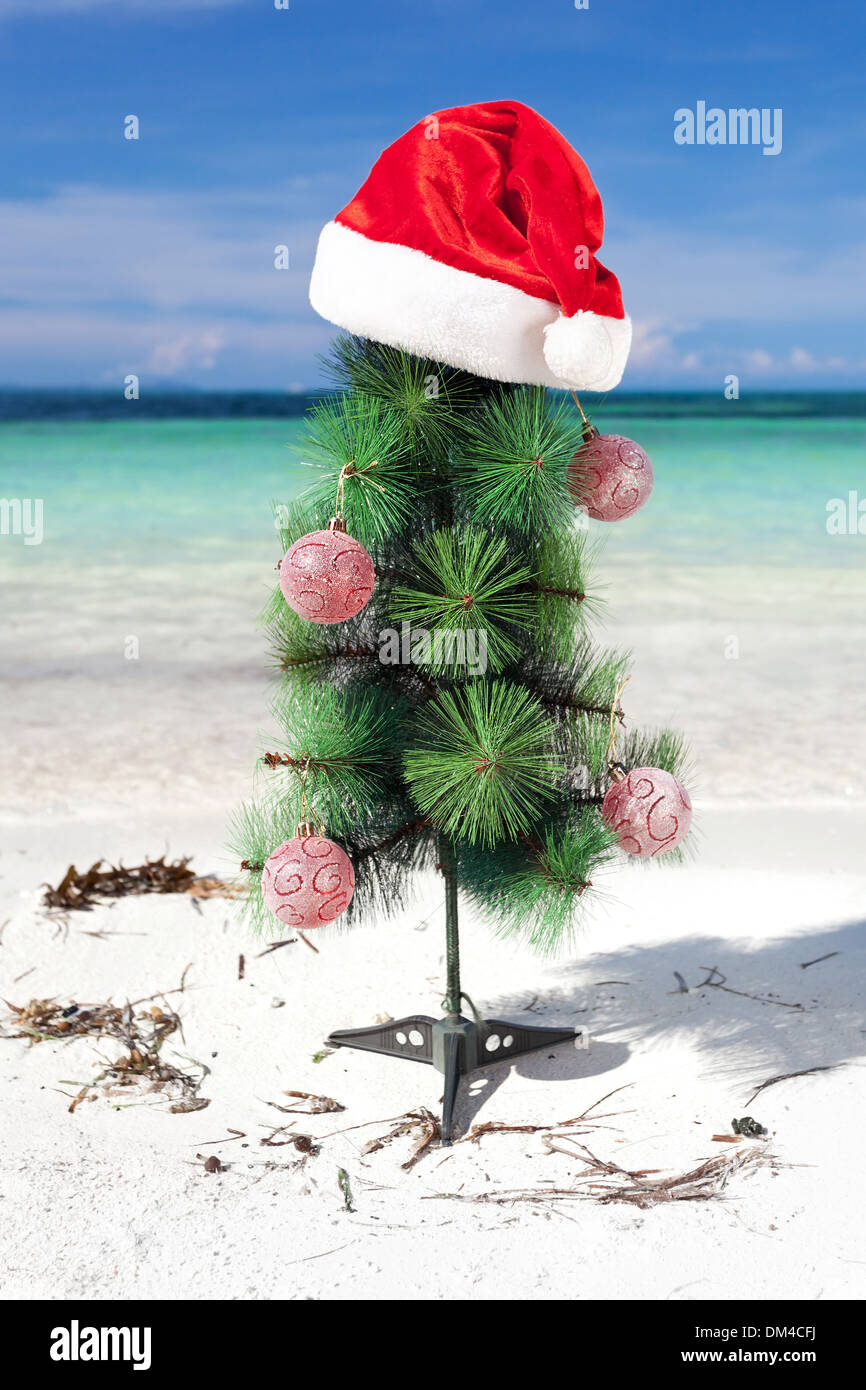 Christmas tree and Santa hat on perfect beach, New Year celebrating ...