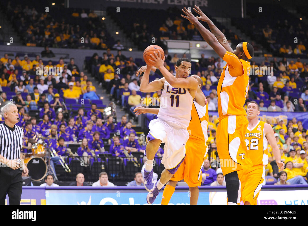 LSU guard, #11 Bo Spencer, looks for an open man during a conference game between Tennessee and LSU.  The game is being held in the Pete Maravich Assembly Center in Baton Rouge, Louisiana. .Tennessee would win the game 59-54. (Credit Image: © Stacy Revere/Southcreek Global/ZUMApress.com) Stock Photo