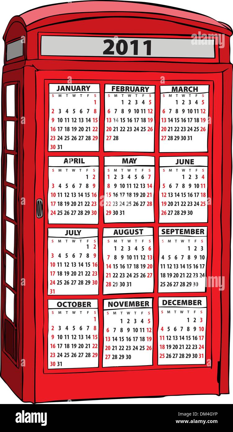 Calendar of 2011 in UK red phone booth Stock Vector