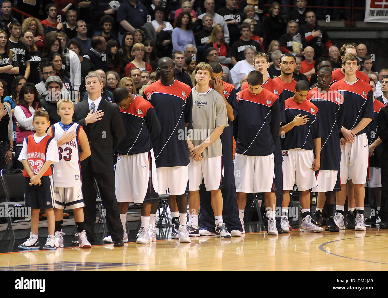 The Gonzaga basketball team stand for the United State National Anthem  during a NCAA college basketball game against Oklahoma held at the Spokane  Arena in Spokane WA. This was the 4th annual