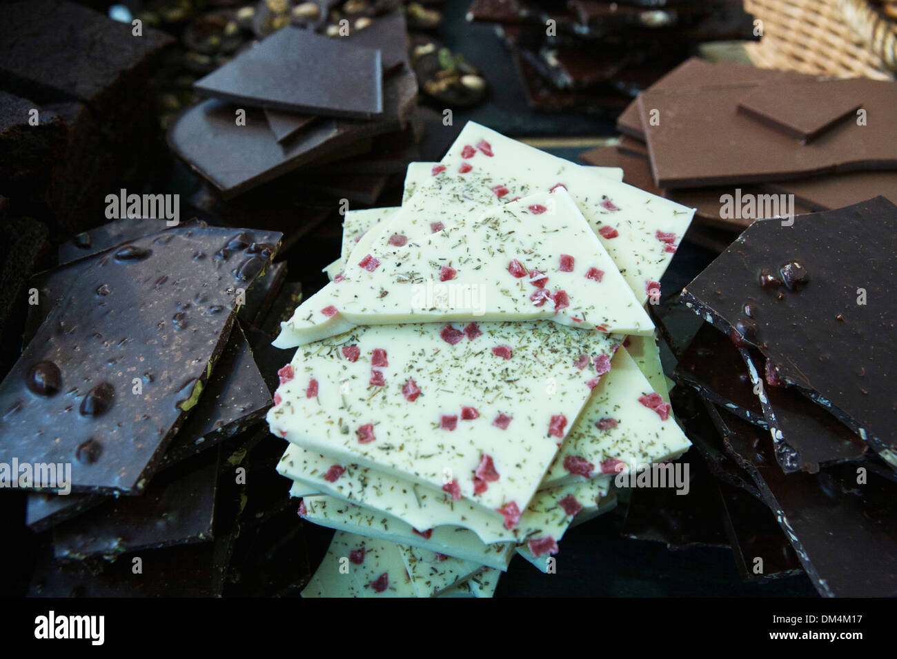 Chocolate from Provence France. Dark and White chocolate. White chocolate contains herbs. Stock Photo