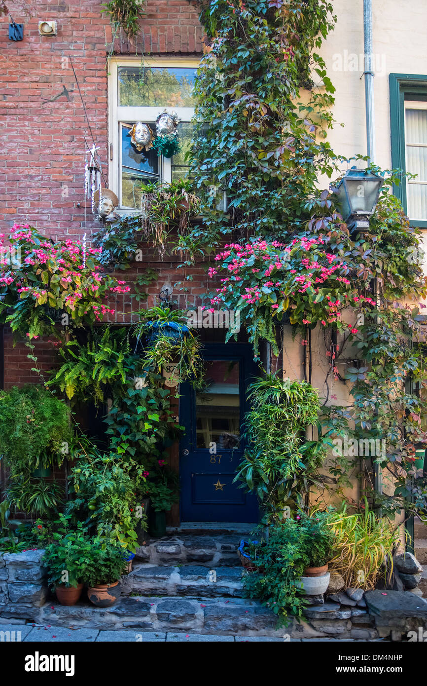Canada, North America, Old Quebec, Quebec, city, door, entrance, gate, house, flowers Stock Photo