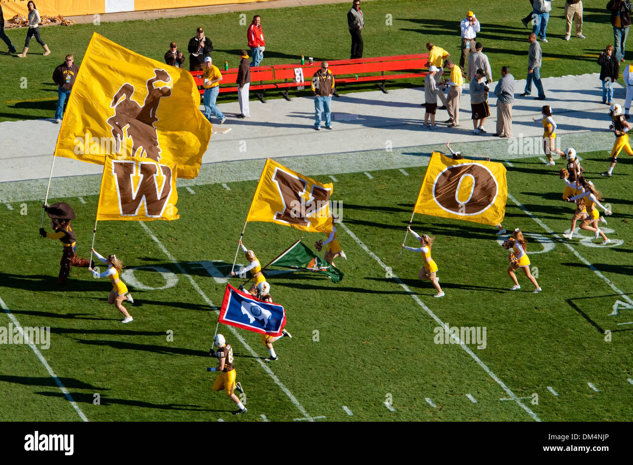 29 December 2009: The Wyoming Cowboys make there way on to the field for the New Mexico Bowl .The University of Wyoming defeated Fresno State University in the New Mexico Bowl in the second overtime 28-35 at University of New Mexico Stadium in Albuquerque, New Mexico  (Credit Image: © Long Nuygen/Southcreek Global/ZUMApress.com) Stock Photo