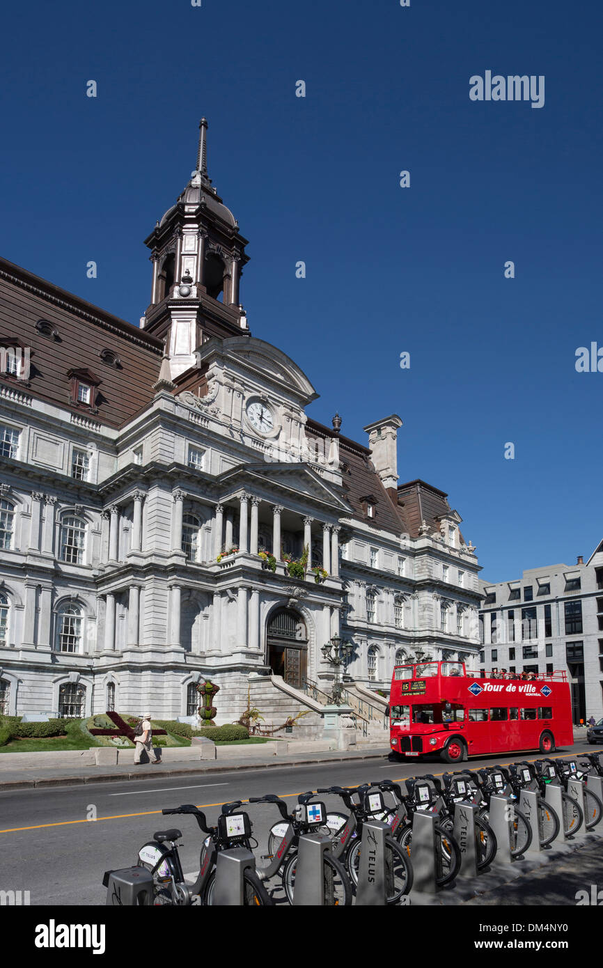 building, Canada, North America, City Hall, Montreal, Quebec, bus, bicycles, city, red, touristic, tourists Stock Photo