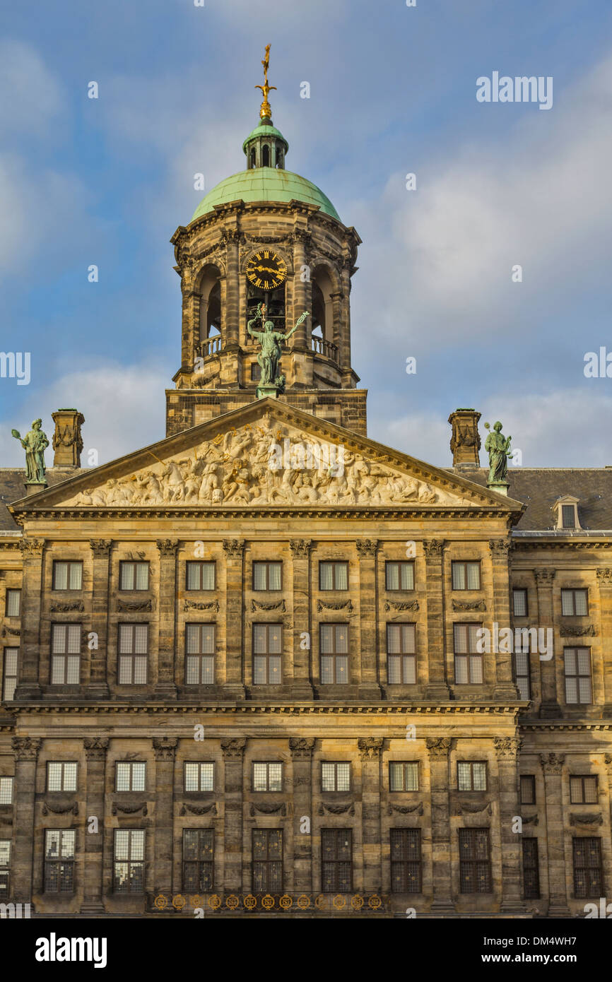 ROYAL PALACE TOWER AND CLOCK TOWER IN DAM SQUARE AMSTERDAM NETHERLANDS Stock Photo
