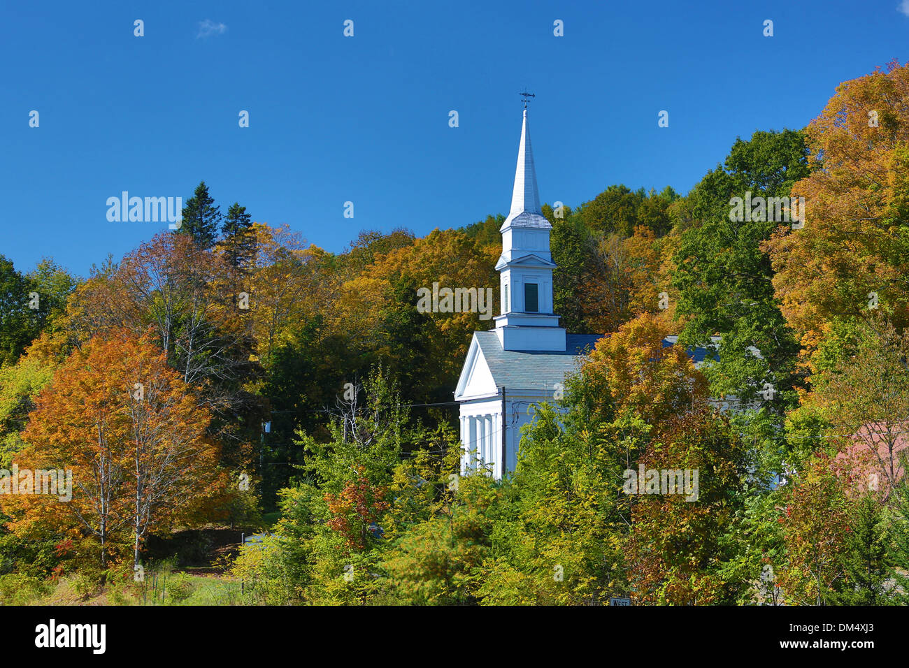 Autumn Berkshire Lenox Massachusetts USA United States America church colourful colours foliage leaves touristic travel white Stock Photo