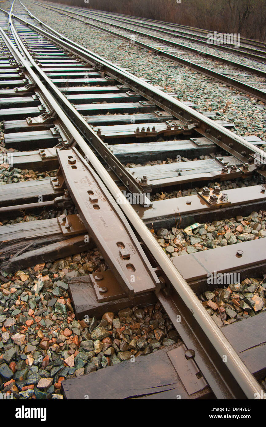 Wet railroad tracks detail Stock Photo