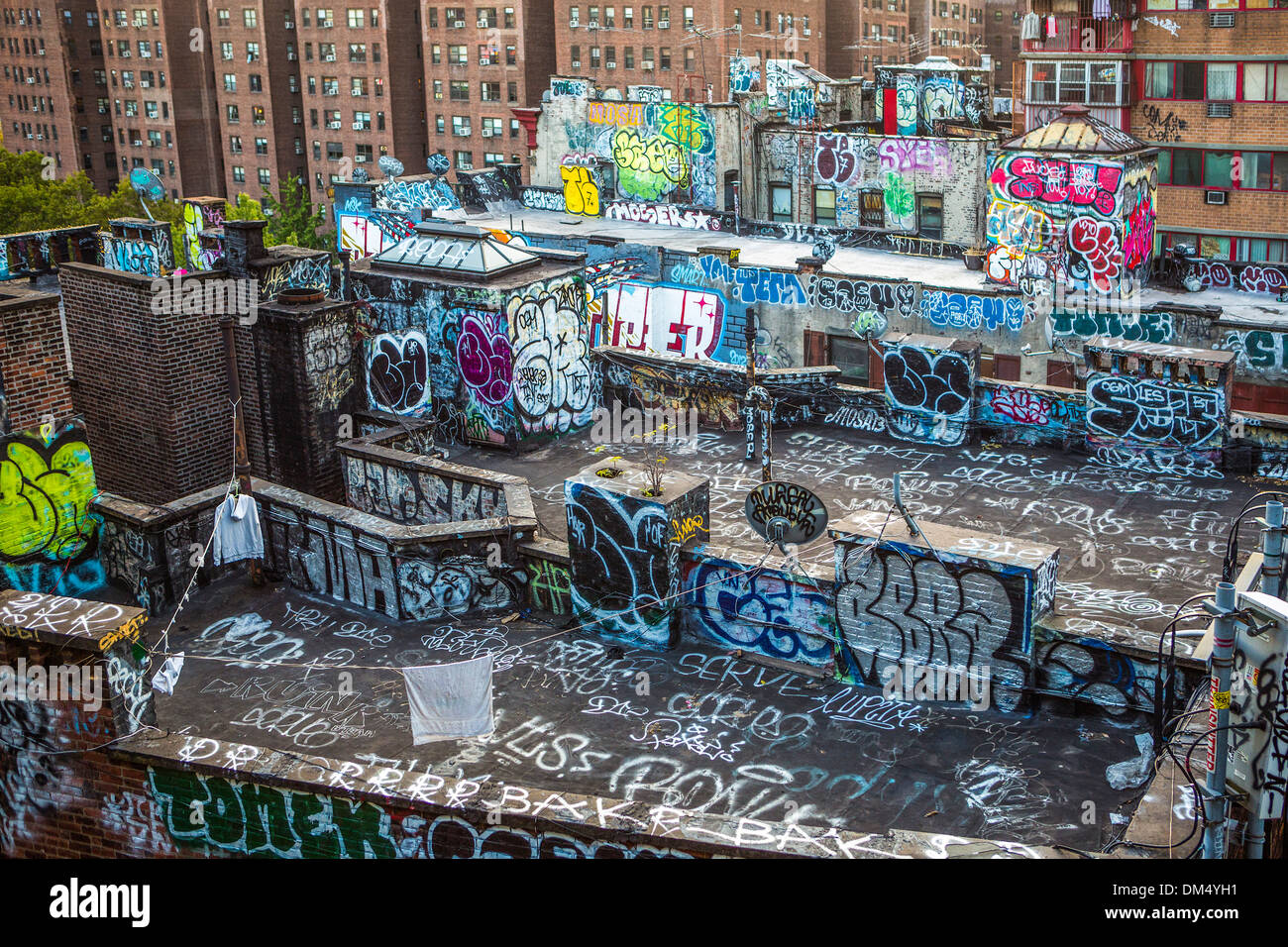 New York, USA, United States, America, art, city, colourful, culture, dirty, downtown, graffiti, roof, urban, urban art Stock Photo