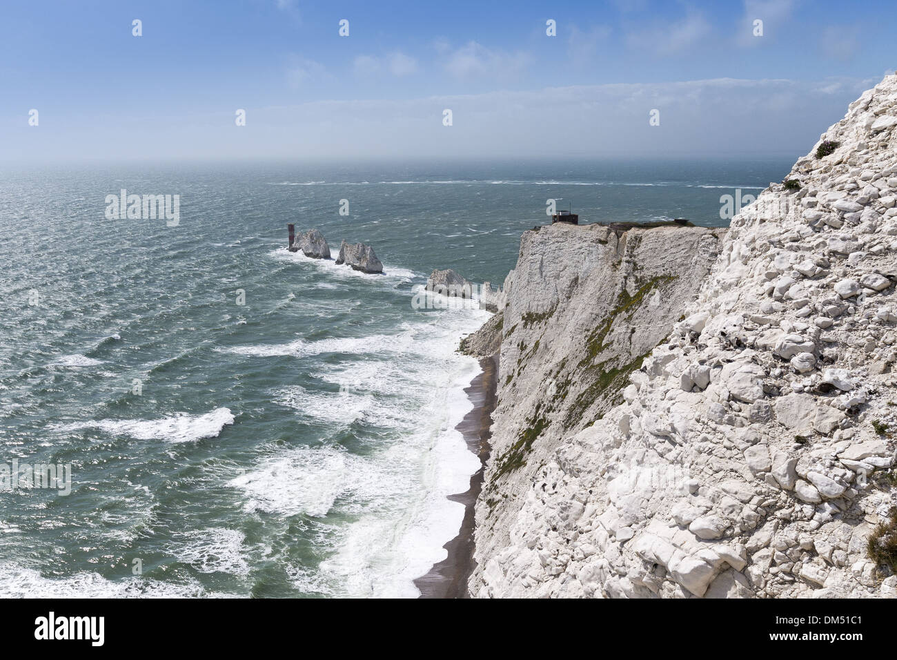 Wide angle view down the chalk cliffs towards the Needles on the Isle of Wight, England, UK Stock Photo