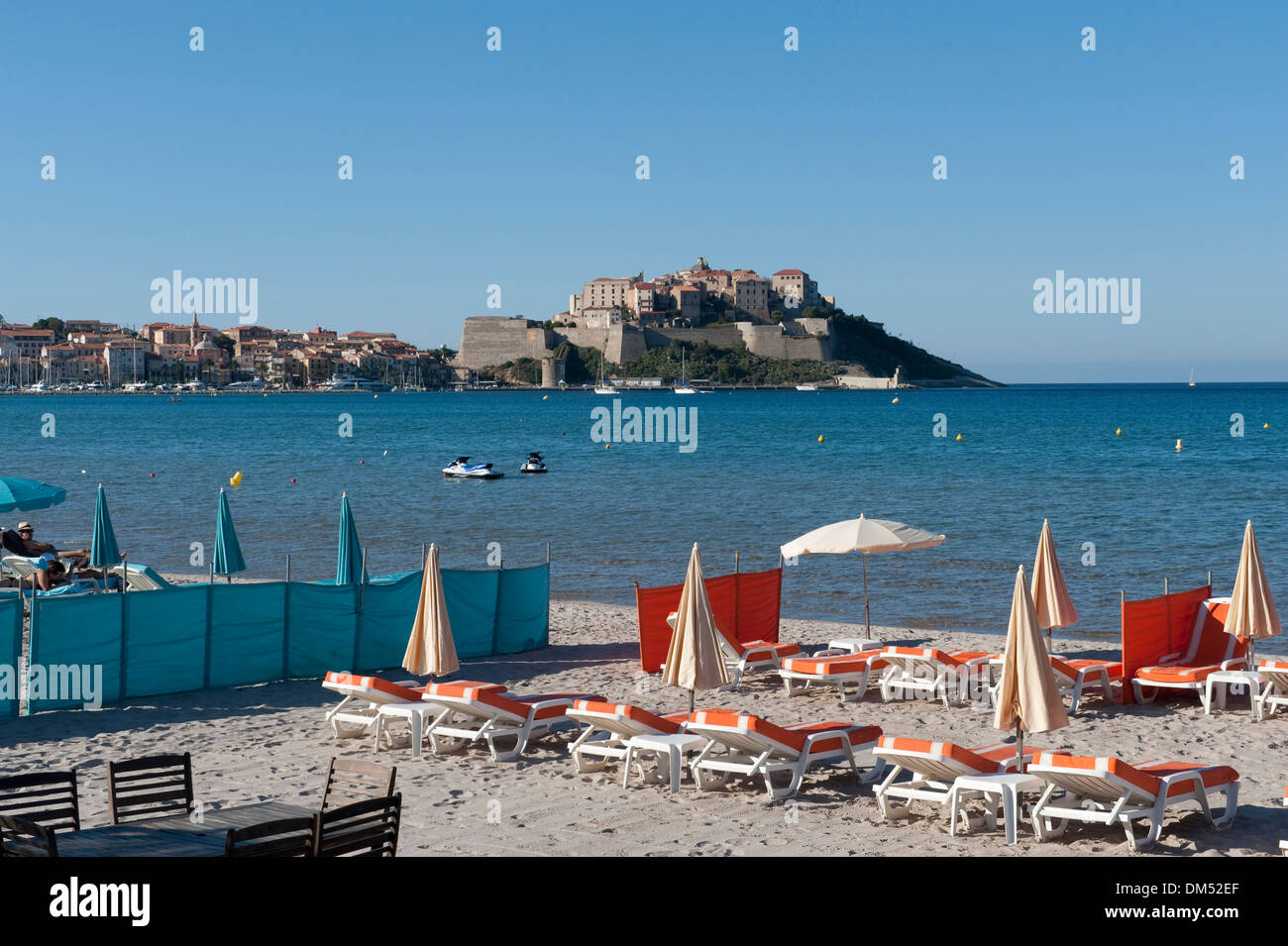 Calvi, France, Europe, Corsica, beach, seashore, sand, deck chairs Stock Photo
