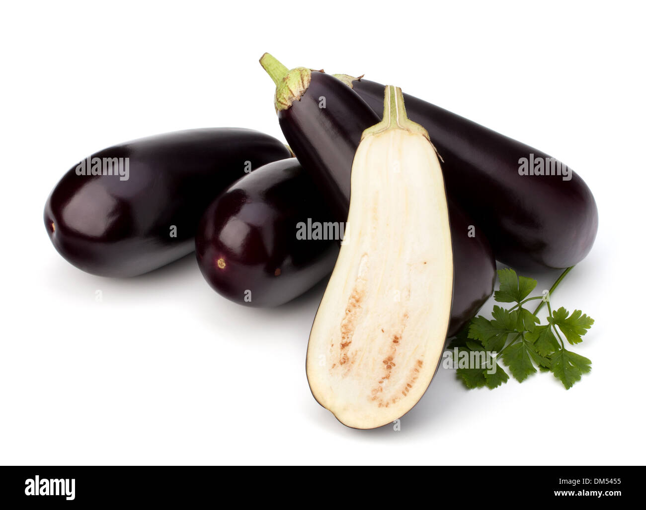 eggplant or aubergine and parsley leaf on white background Stock Photo