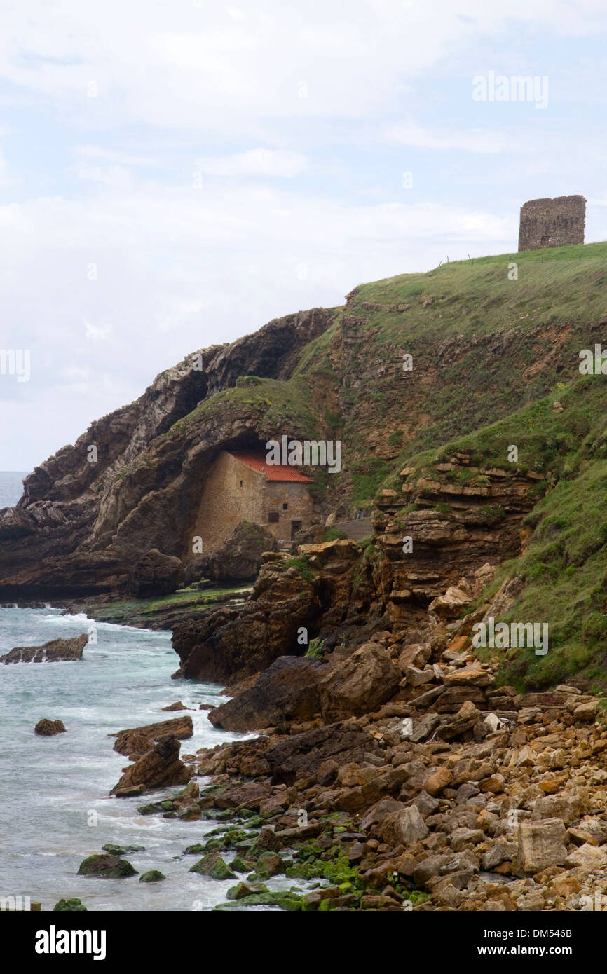Santa Justa Beach and old monastery near the town of Ubiarco, Cantabria, Spain. Stock Photo