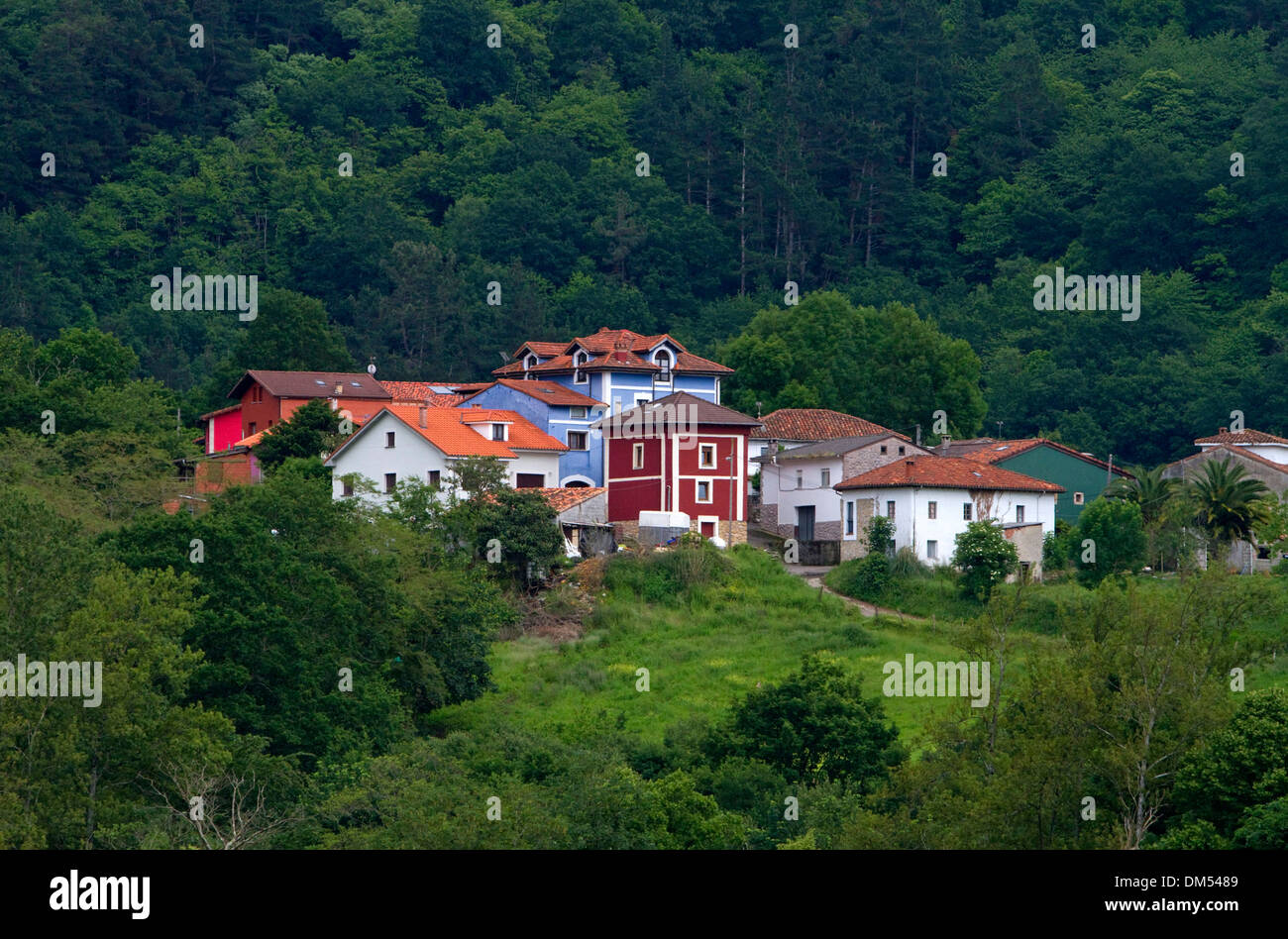 Colorful houses near Las Rozas, Asturias, Spain. Stock Photo