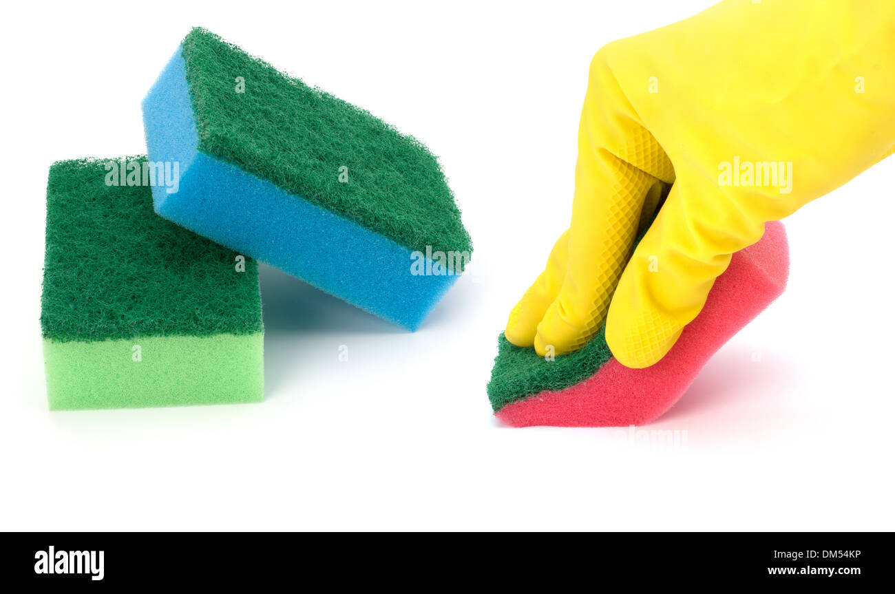 Hand in yellow glove with sponge isolated on white background Stock ...