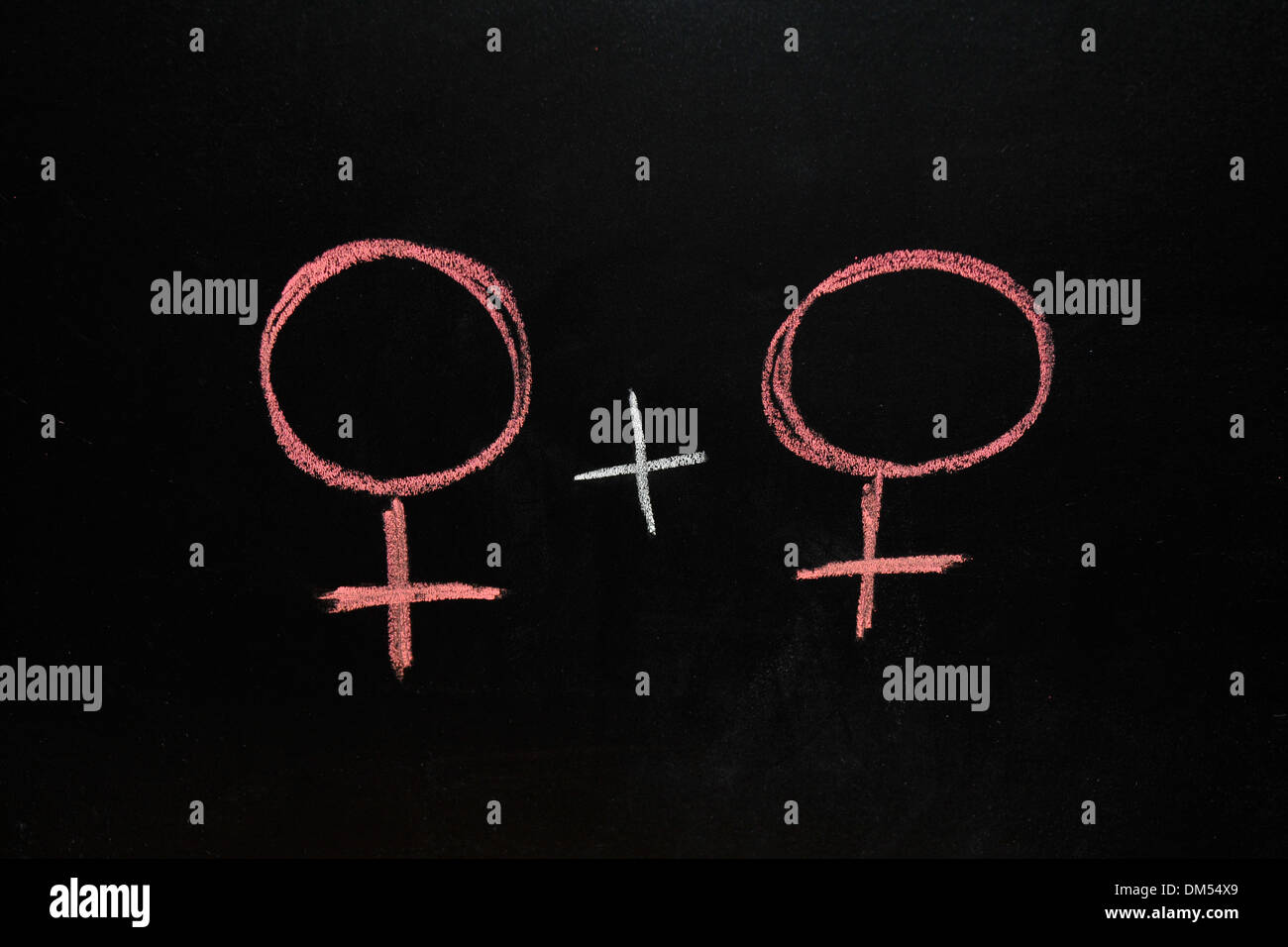 2 Female gender symbols drawn on a blackboard in chalk. Stock Photo