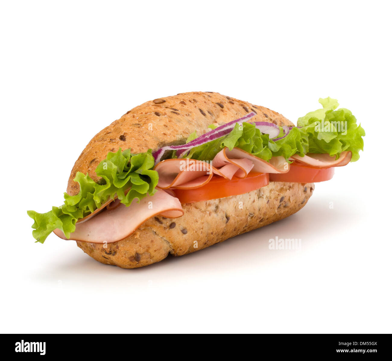 fast food baguette sandwich with lettuce, tomato, ham and cheese Stock