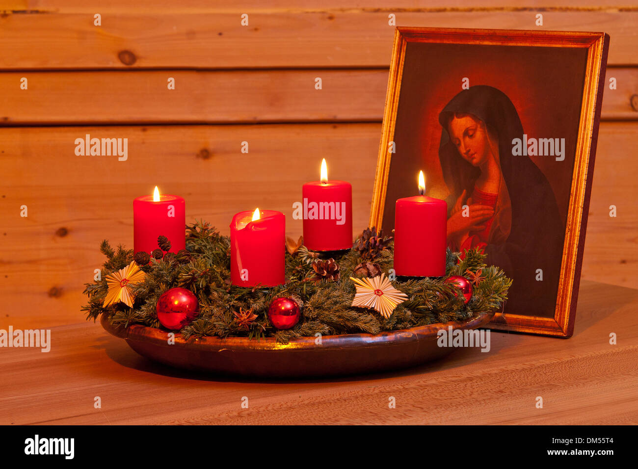 Candle Frauentragen Mary picture candles light wood light warmth wax wax candle  Advent four wreath mood flame burn Advent Stock Photo - Alamy