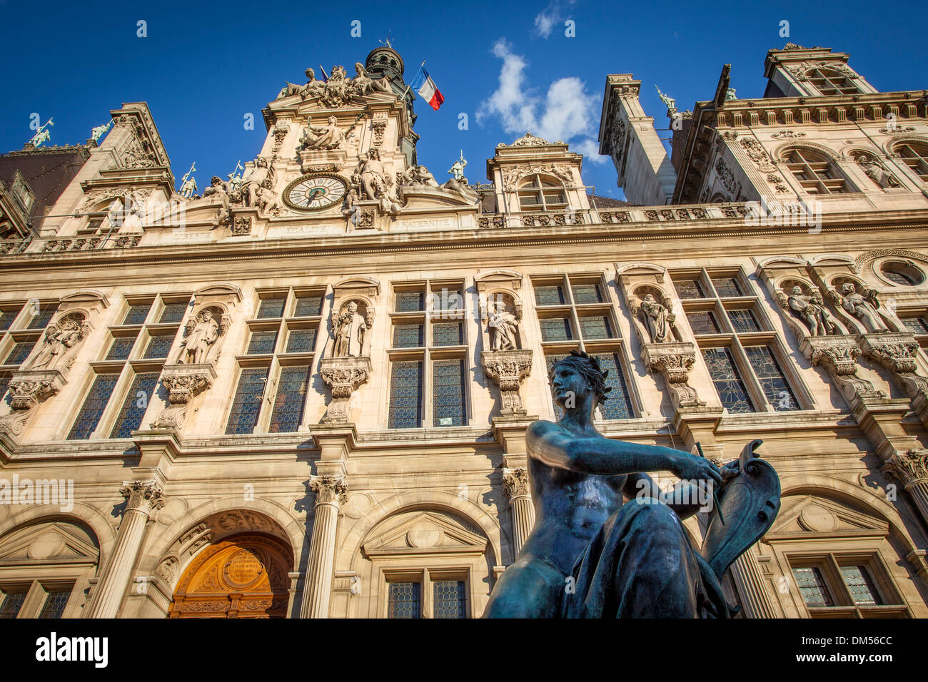 Allegorical Statue representing 'Arts' by Jules Blanchard below Hotel de Ville, Paris France Stock Photo
