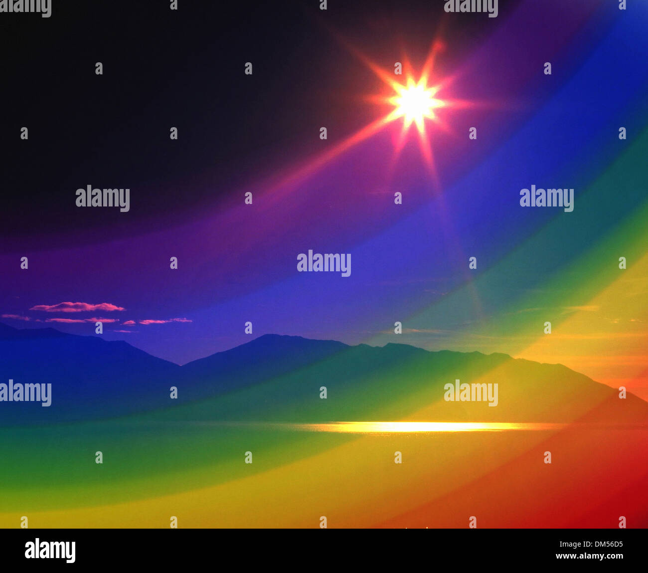 Switzerland, Ticino, Lago Maggiore, mountain range, sun, rainbow, spectral colors, colors, rays, beams, alienated, concepts, Stock Photo