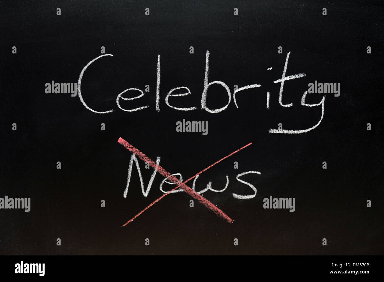 Celebrity News drawn on a blackboard in chalk with news crossed out. Stock Photo