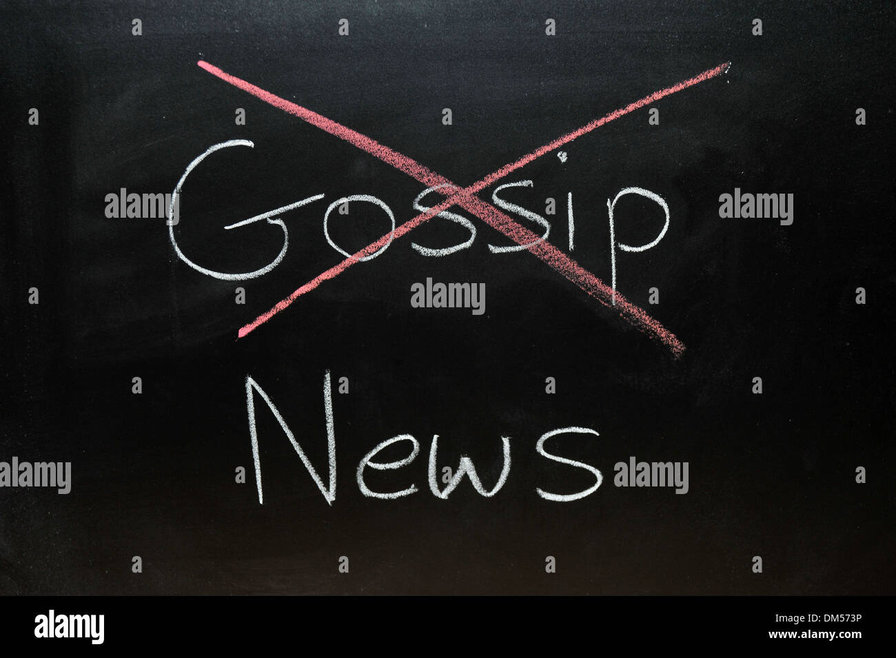 Gossip News drawn on a blackboard in chalk with gossip crossed out. Stock Photo
