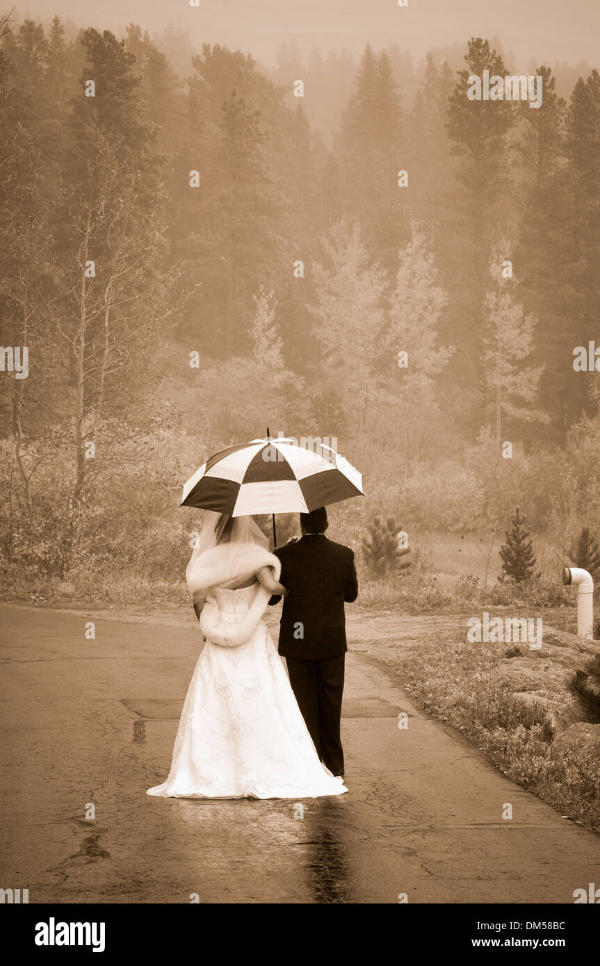 Bride and groom walking in the rain under umbrella Stock Photo