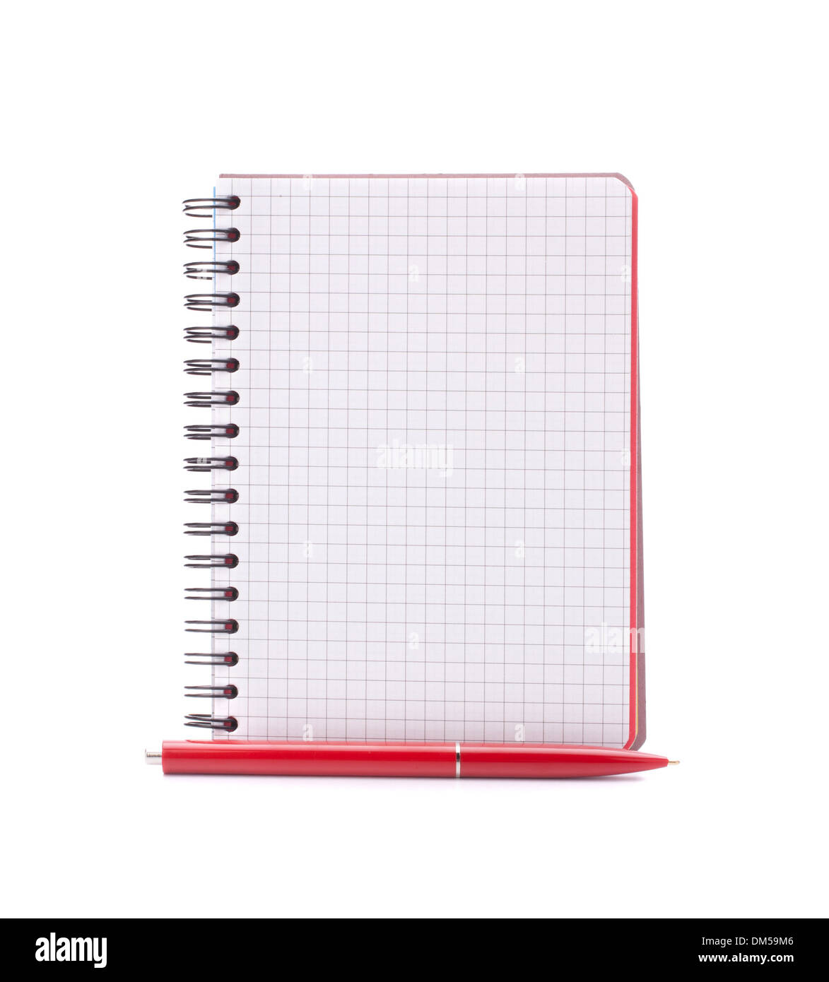 Open blank checked notebook with red pen isolated on white background cutout Stock Photo