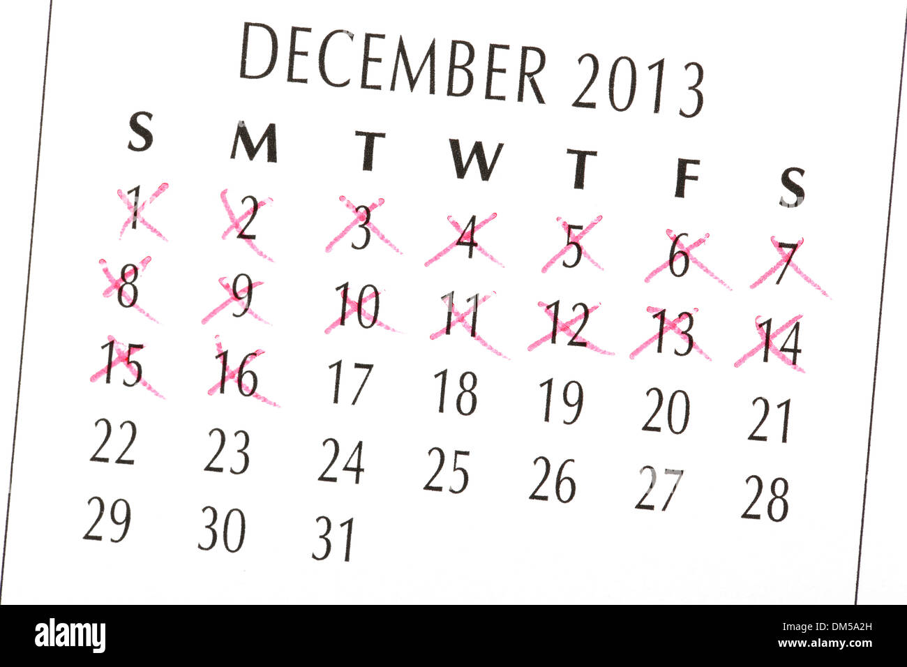 Close up of a white calendar page on December 2013 Stock Photo
