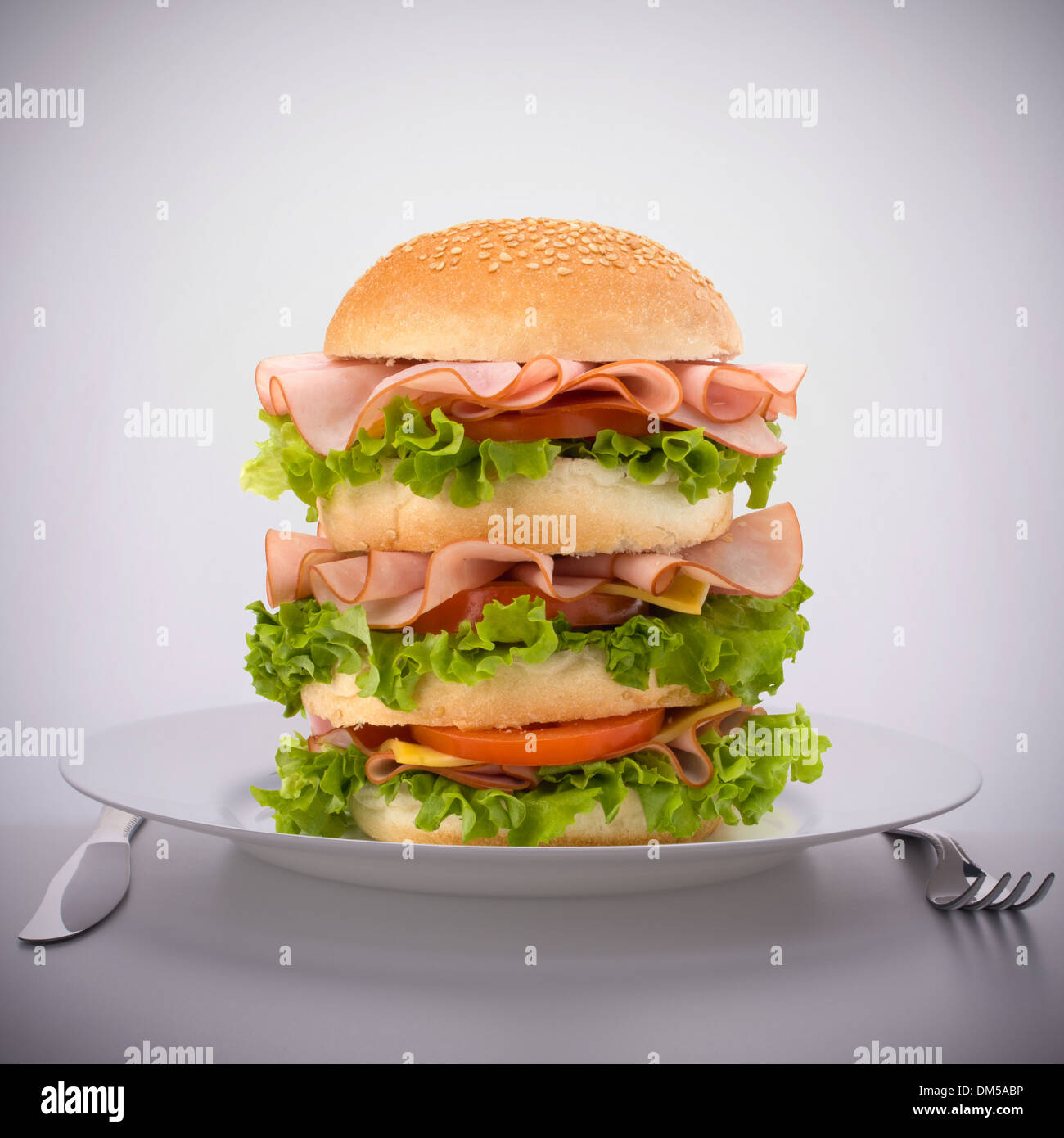 Fast food big sandwich with lettuce, tomato, smoked ham and cheese on