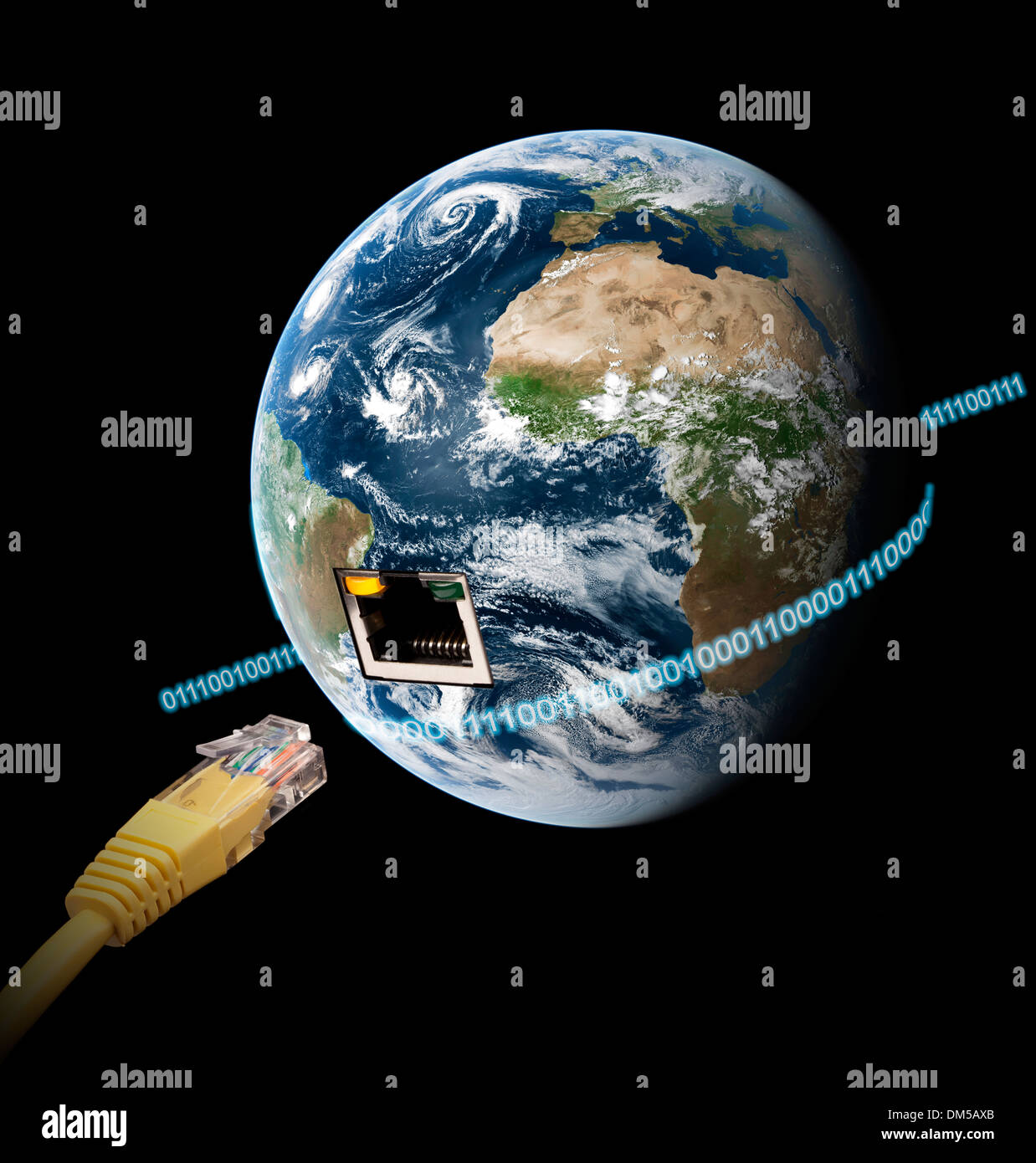 Binary numbers around the world with Ethernet port. Stock Photo